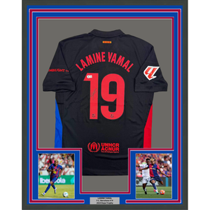 Framed Autographed/Signed Lamine Yamal 35x39 FC Barcelona Black Soccer Jersey Beckett BAS COA