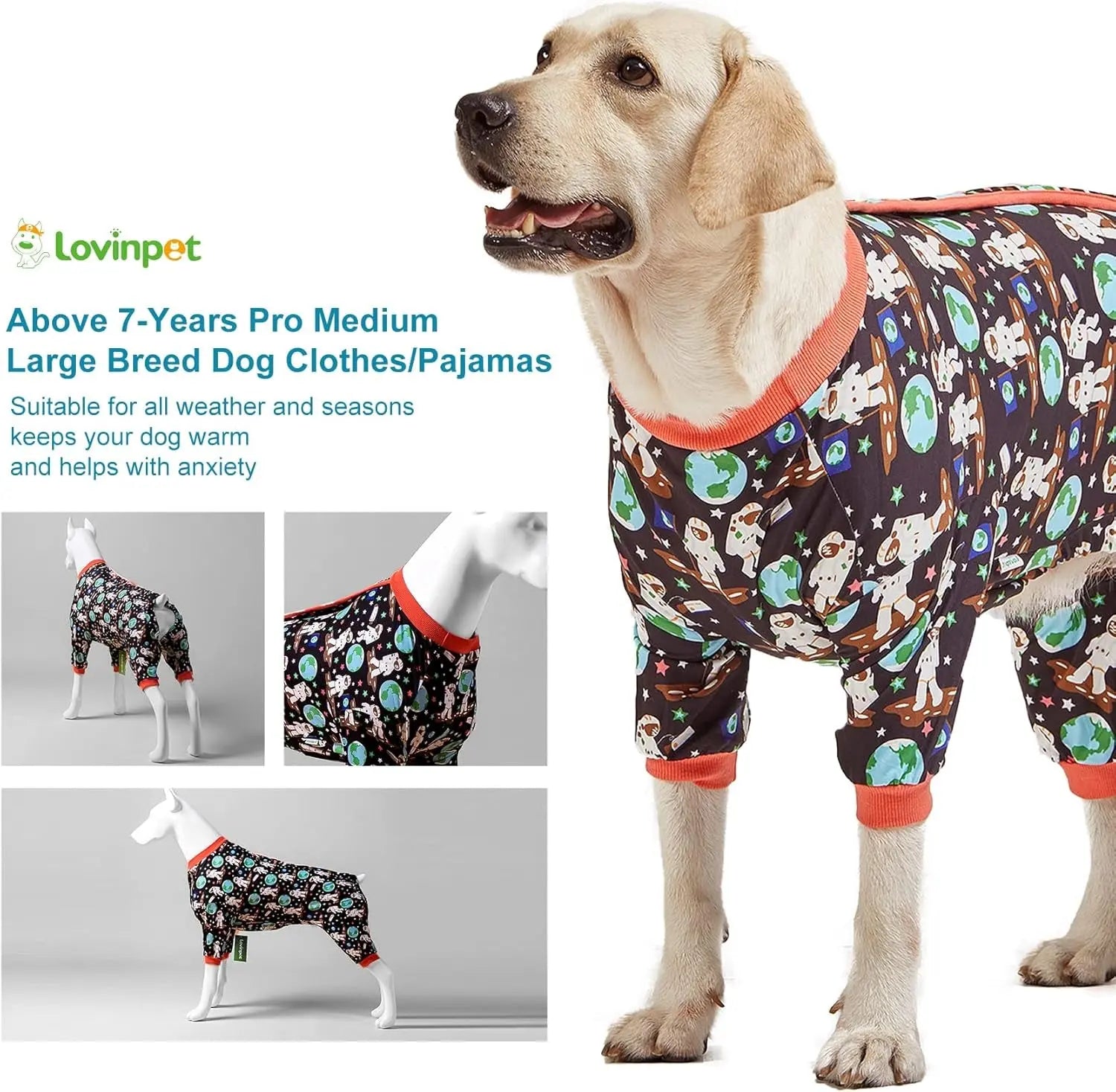 Dog Recovery Pajamas – Space Astronaut Print, UV Pullover for Large Dogs