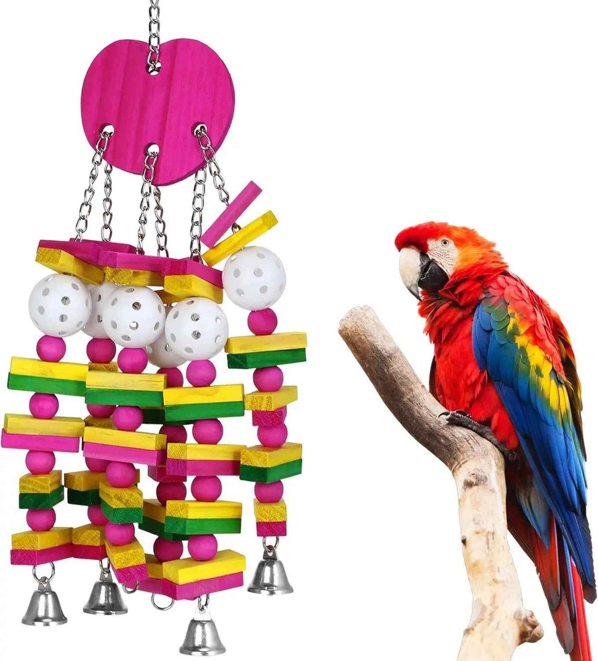 Large Parrot Wood Chew Toy with Bells – 22 Inches