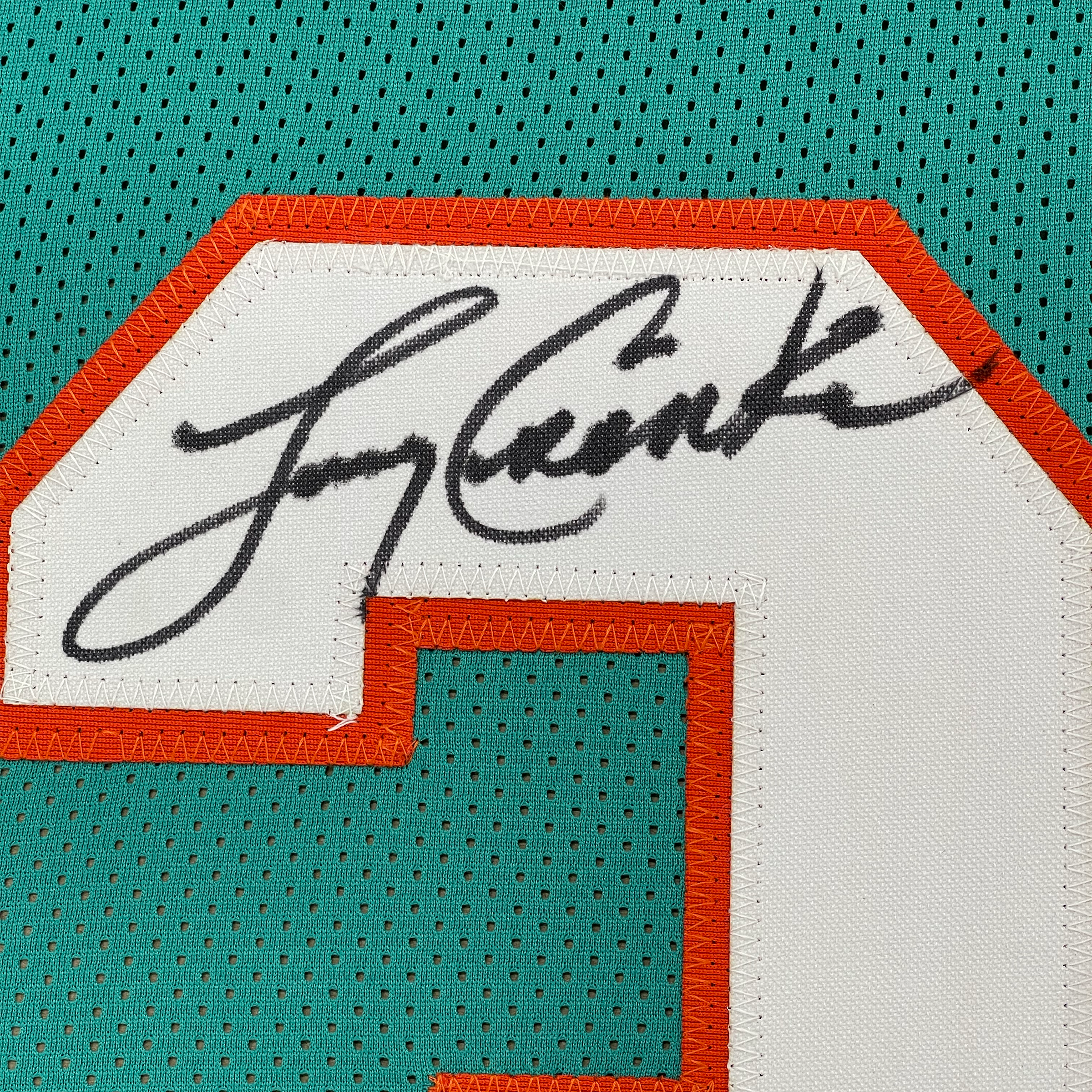 Framed Autographed/Signed Larry Csonka 35x39 Miami Teal Football Jersey JSA COA