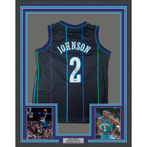 Framed Autographed/Signed Larry Johnson 35x39 Charlotte Black Basketball Jersey Steiner COA