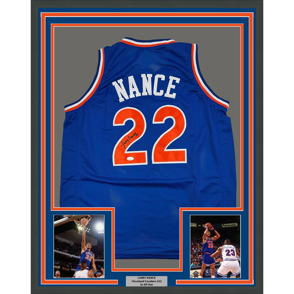 Framed Autographed/Signed Larry Nance 35x39 Cleveland Blue Basketball Jersey JSA COA