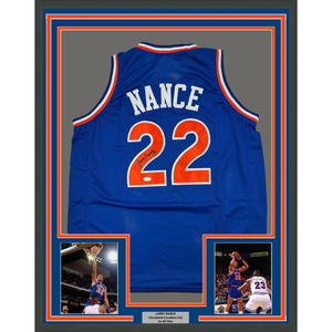 Framed Autographed/Signed Larry Nance 35x39 Cleveland Blue Basketball Jersey JSA COA