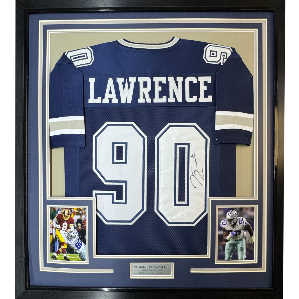 Framed Autographed/Signed Demarcus Lawrence 35x39 Dallas Blue Football Jersey JSA COA