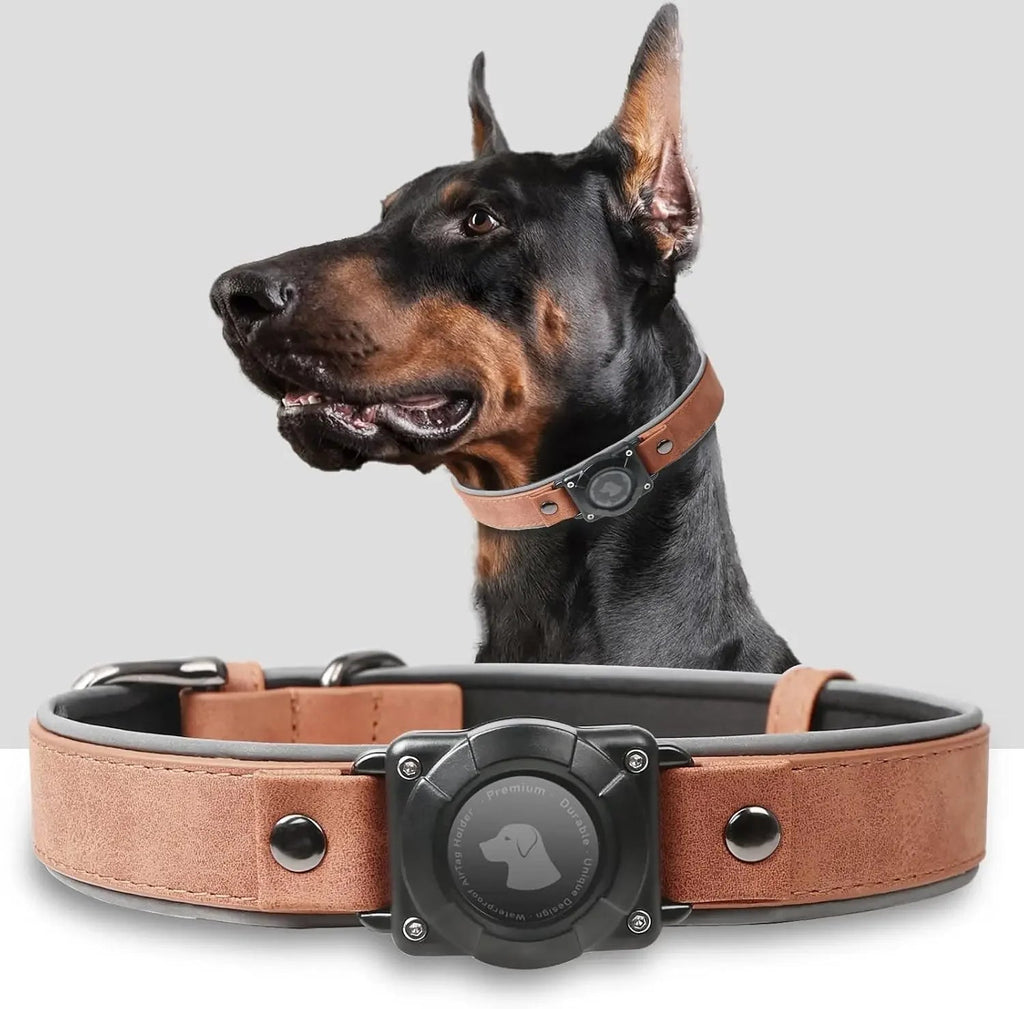 Leather AirTag Dog Collar with Built-In Holder