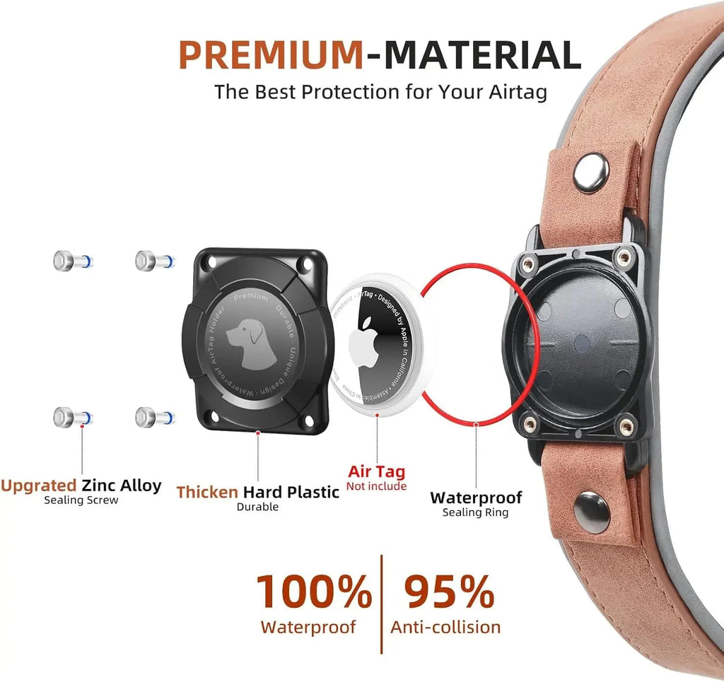 Leather AirTag Dog Collar with Built-In Holder