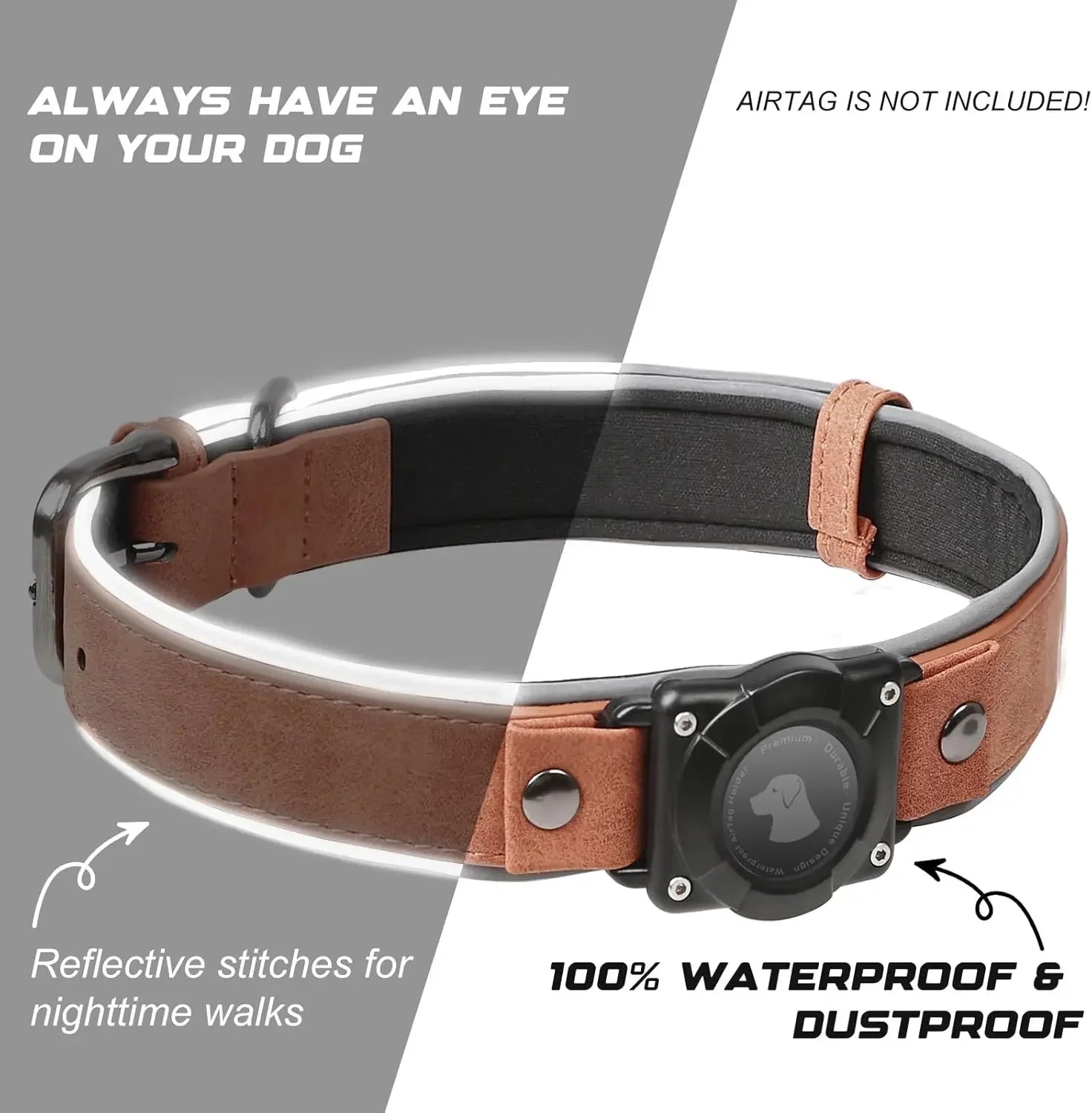 Leather AirTag Dog Collar with Built-In Holder