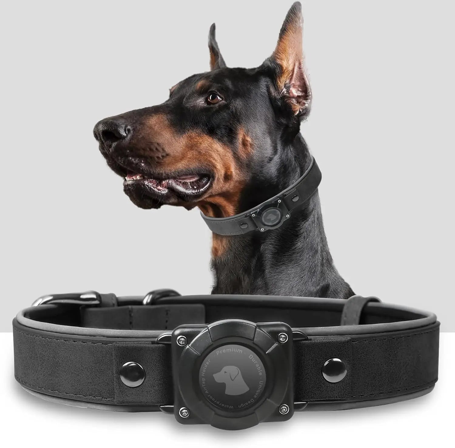 Leather AirTag Dog Collar with Built-In Holder