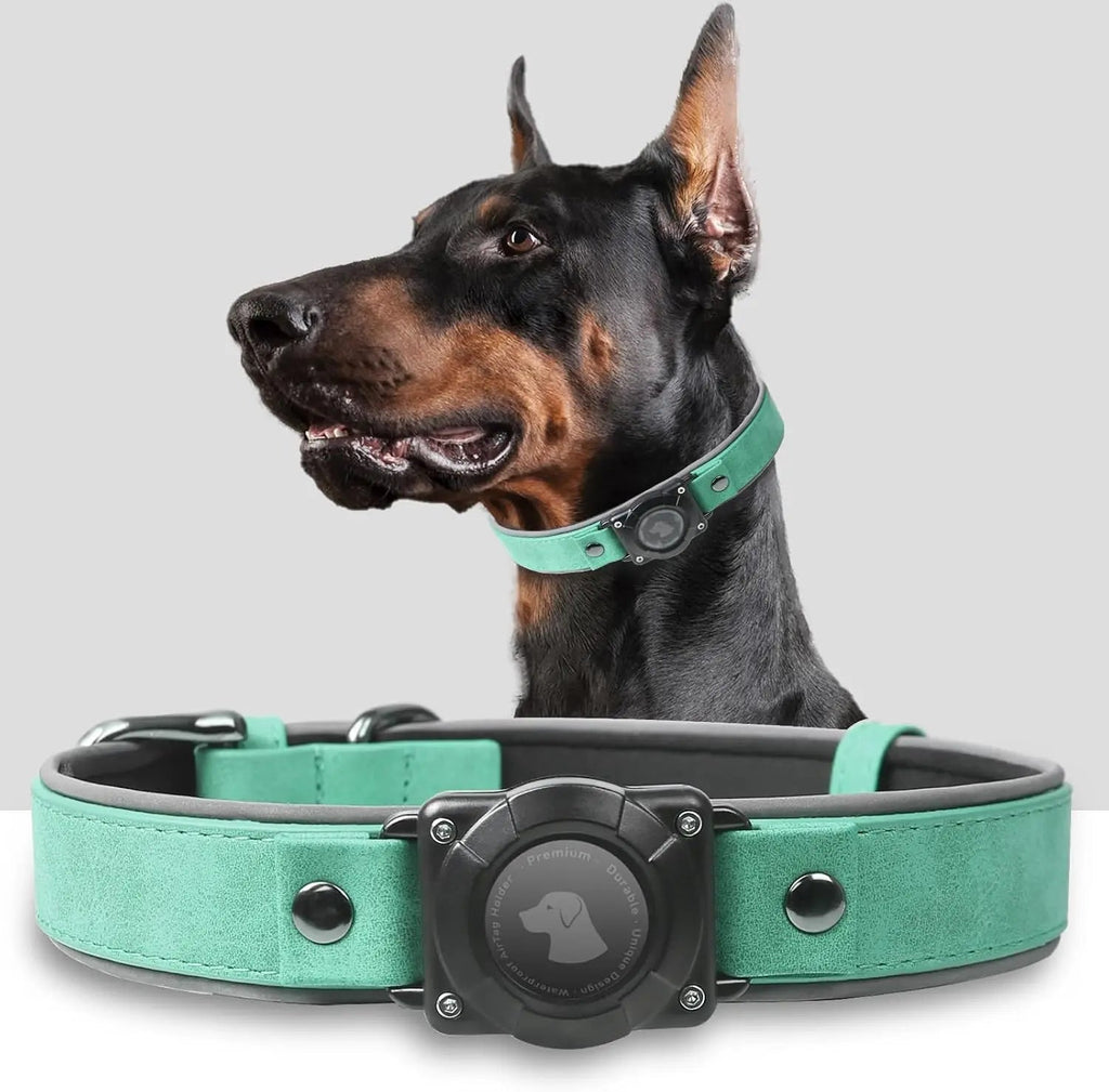 Leather AirTag Dog Collar with Built-In Holder