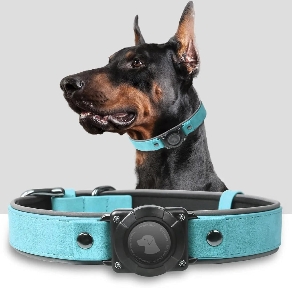 Leather AirTag Dog Collar with Built-In Holder