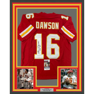 Framed Autographed/Signed Len Dawson 35x39 HOF 87 Kansas City Red Football Jersey JSA COA