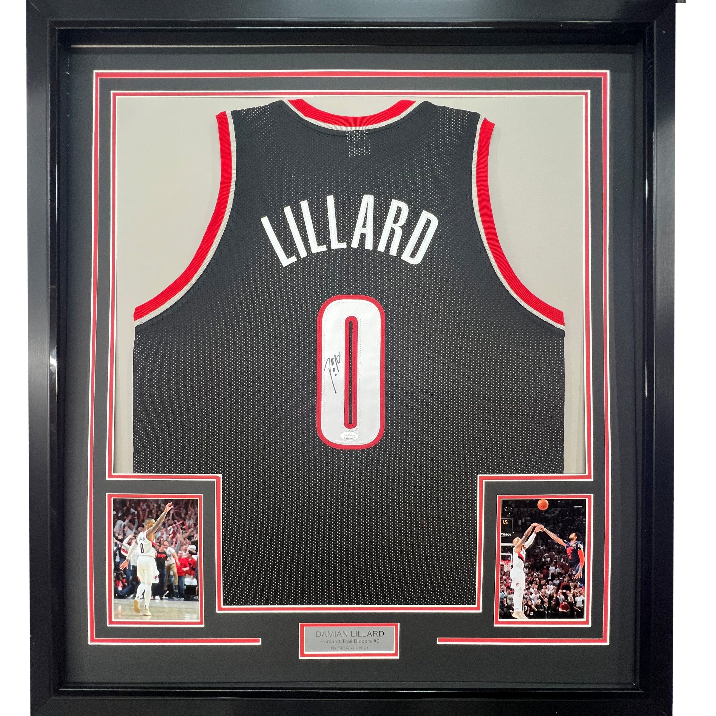 Framed Autographed/Signed Damian Lillard 35x39 Portland Black Basketball Jersey JSA COA