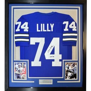 Framed Autographed/Signed Bob Lilly HOF 80 35x39 Dallas Retro Blue Football Jersey JSA COA