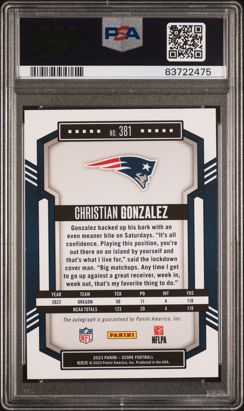 Graded 2023 Panini Score Christian Gonzalez #381 Autograph Rookie RC Football Card PSA 10 Gem Mint