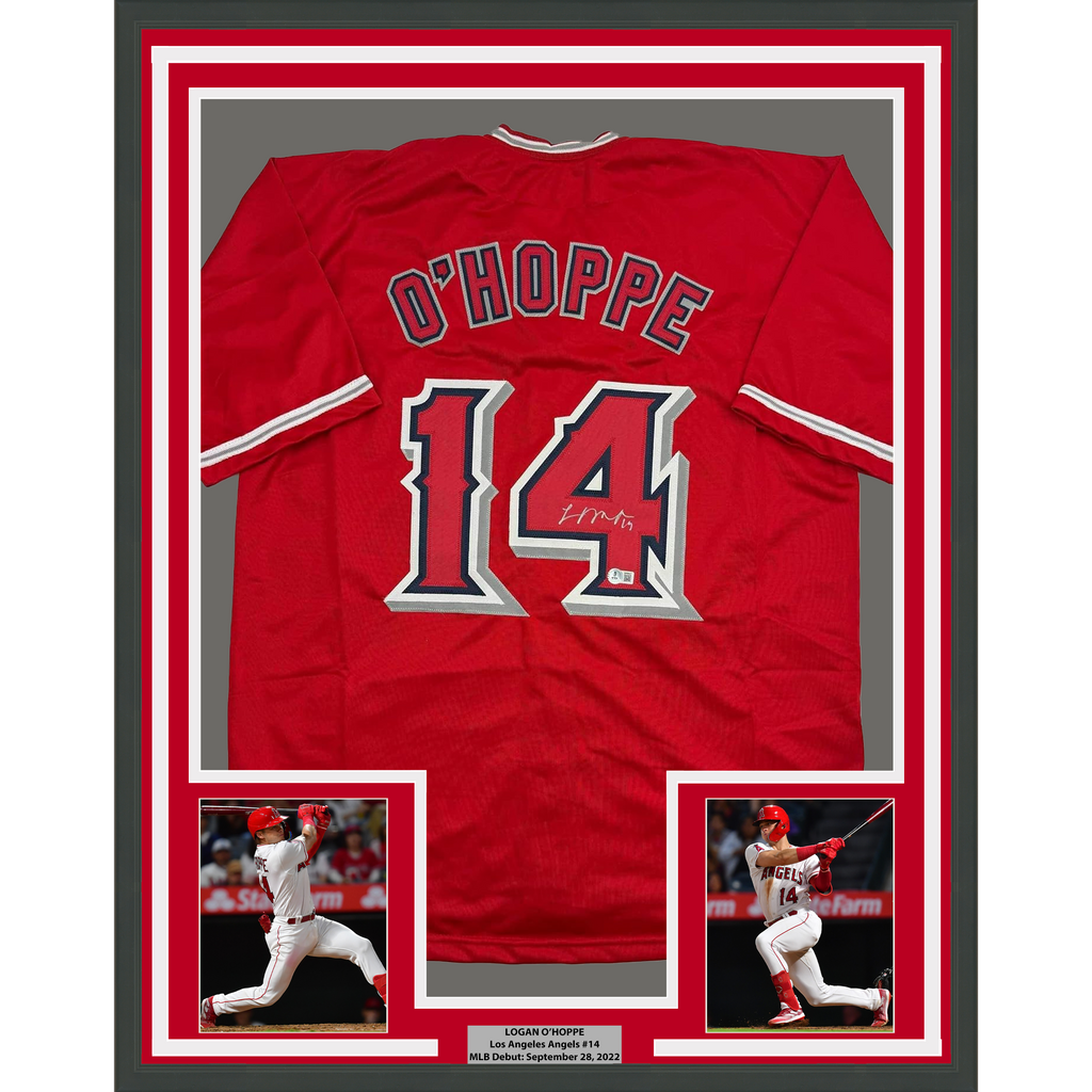 Framed Autographed/Signed Logan O'Hoppe 35x39 Los Angeles LA Anaheim Red Baseball Jersey Beckett BAS COA