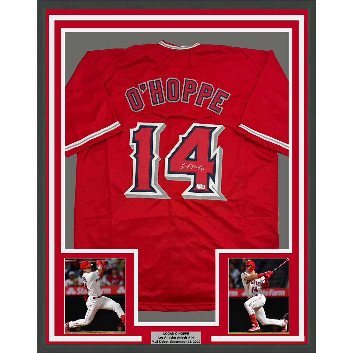 Framed Autographed/Signed Logan O'Hoppe 35x39 Los Angeles LA Anaheim Red Baseball Jersey Beckett BAS COA