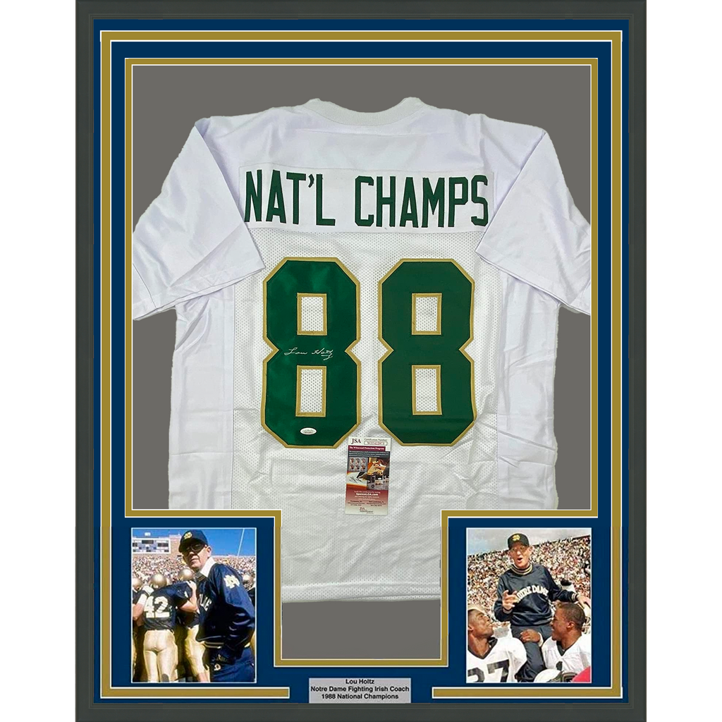Framed Autographed/Signed Lou Holtz 35x39 1988 National Champs Notre Dame White College Football Jersey JSA COA