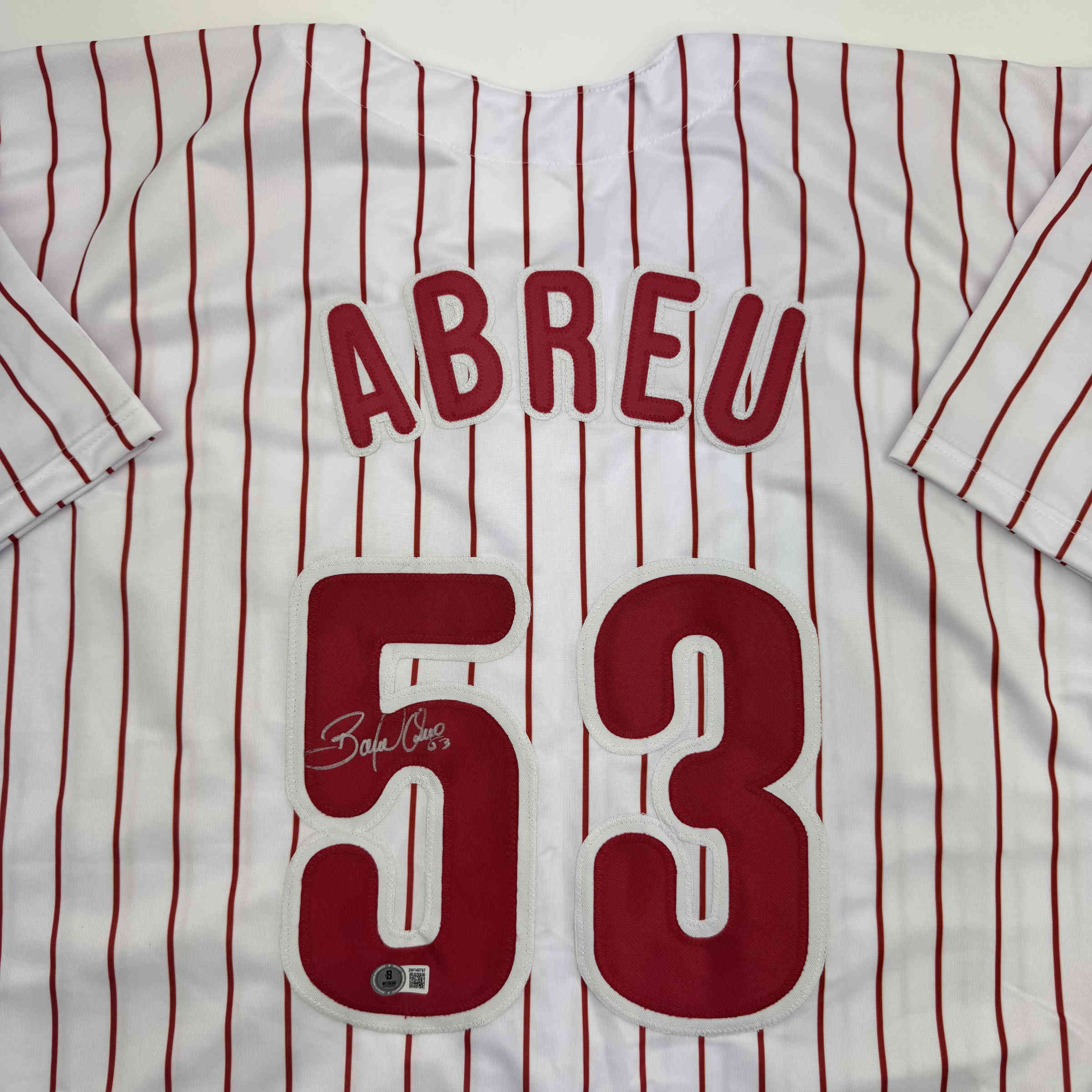 Autographed/Signed Bobby Abreu Philadelphia Pinstripe Baseball Jersey Beckett BAS COA