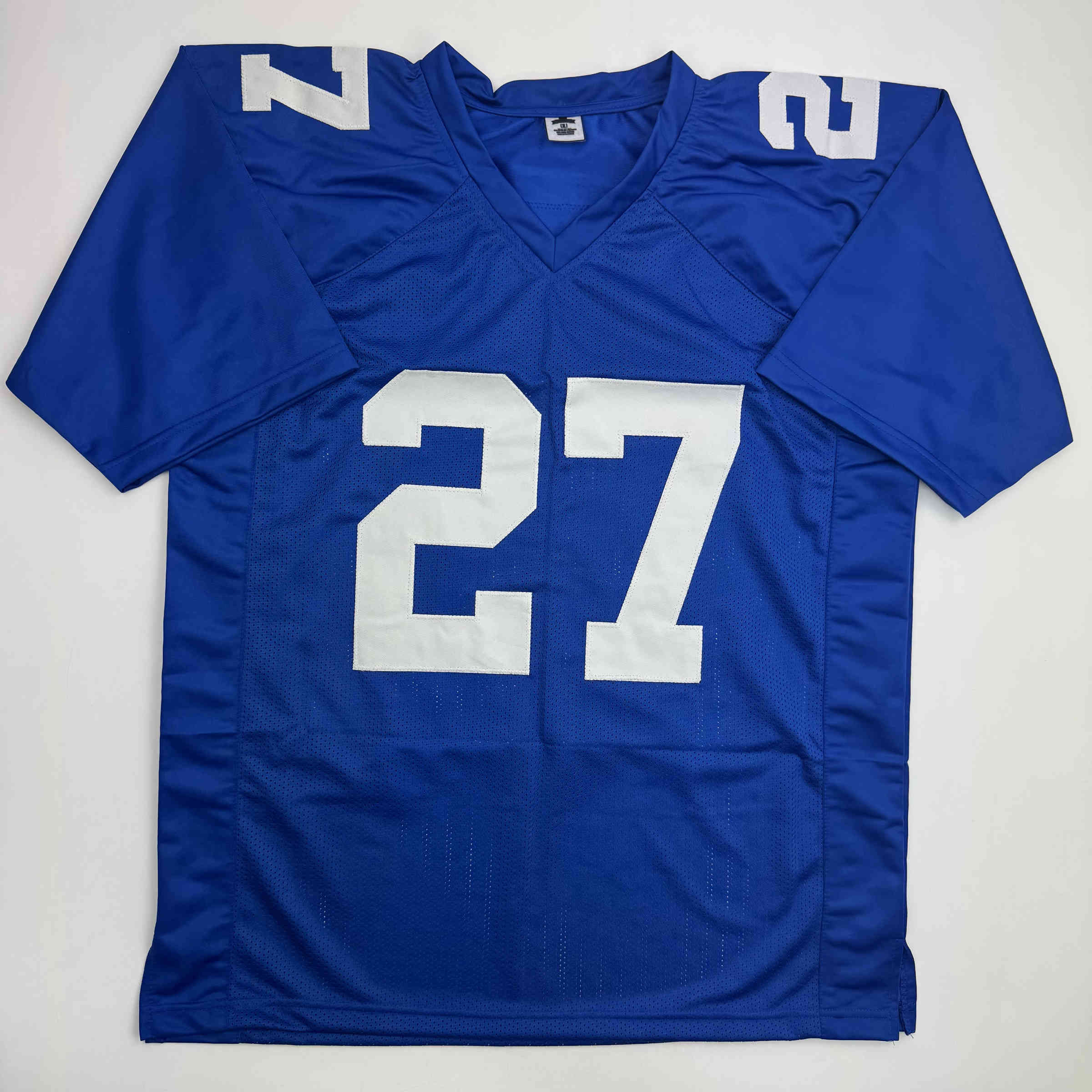 Autographed/Signed Brandon Jacobs New York Blue Football Jersey Beckett BAS COA