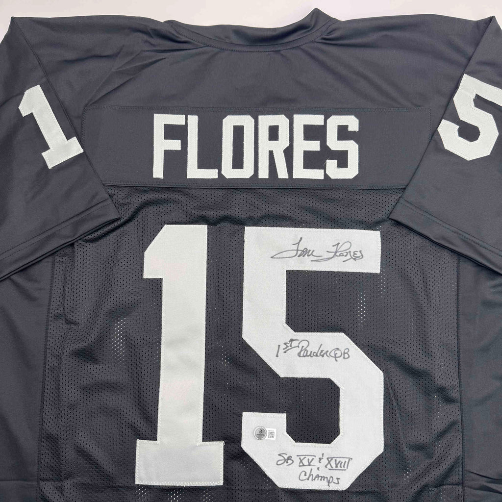 Autographed/Signed Tom Flores Las Vegas Oakland Black Football Jersey Beckett BAS COA