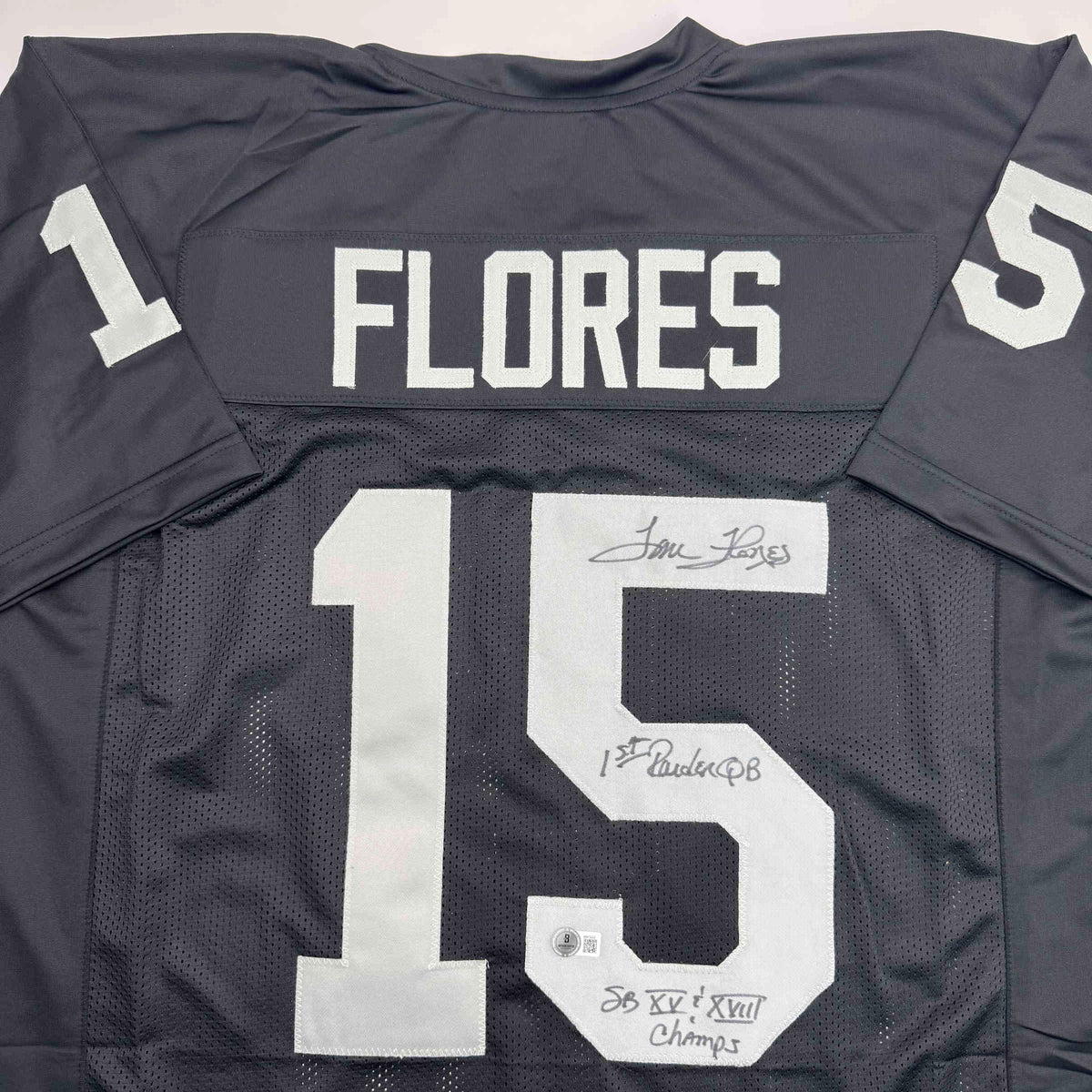 Autographed/Signed Tom Flores Las Vegas Oakland Black Football Jersey Beckett BAS COA