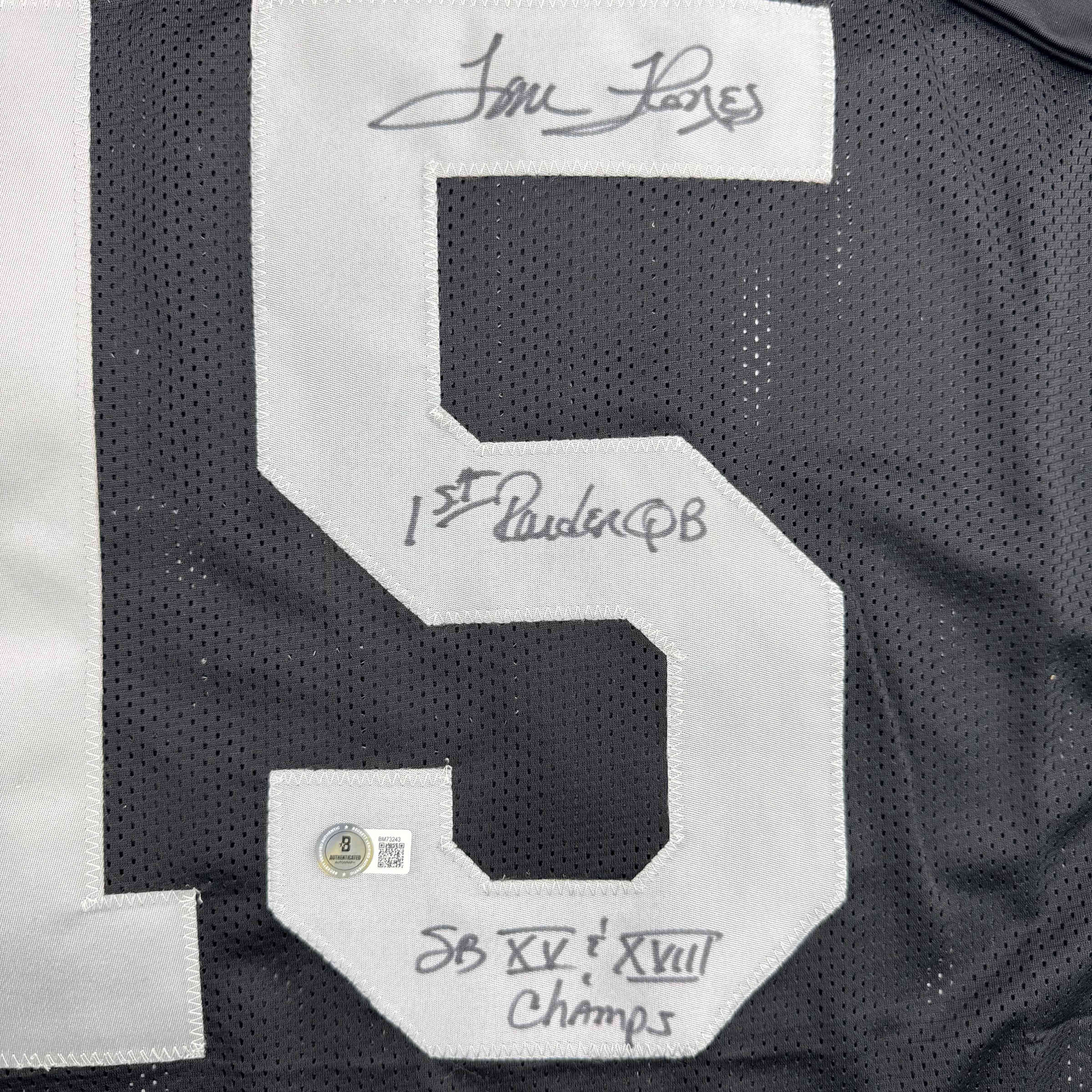 Autographed/Signed Tom Flores Las Vegas Oakland Black Football Jersey Beckett BAS COA