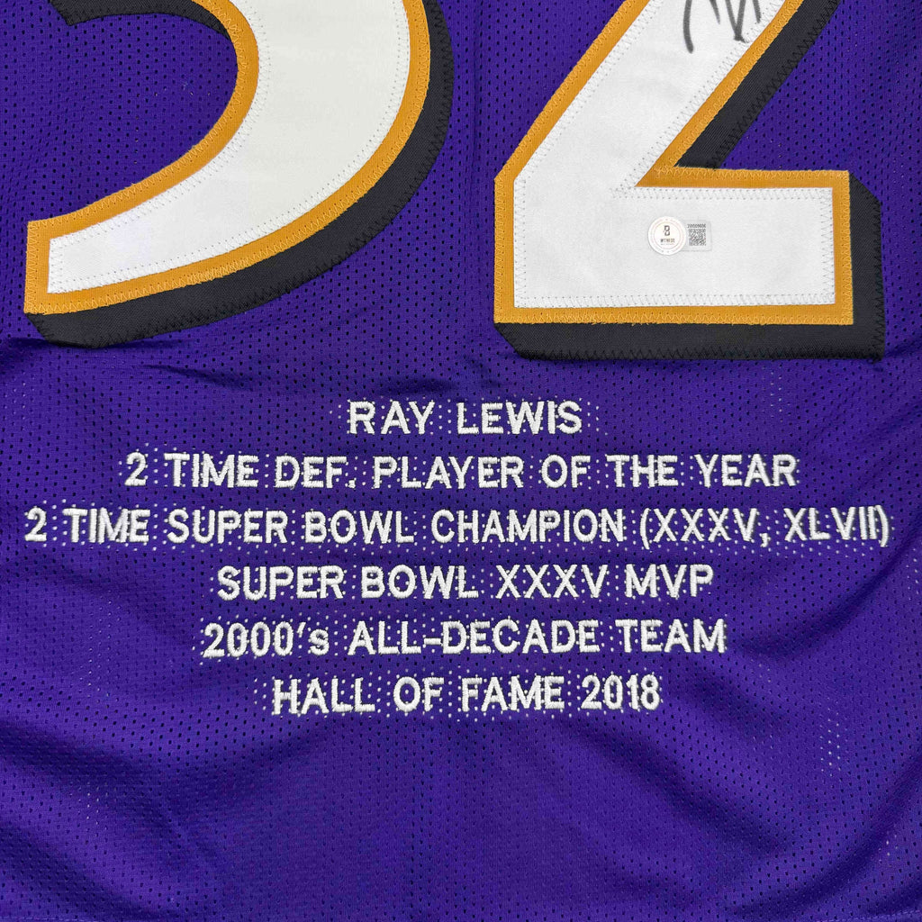 Autographed/Signed Ray Lewis Baltimore Purple Stat Football Jersey Beckett BAS COA