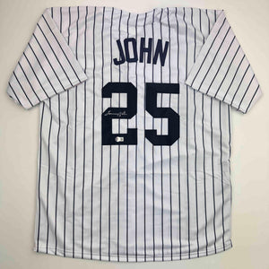 Autographed/Signed Tommy John New York Pinstripe Baseball Jersey Beckett BAS COA