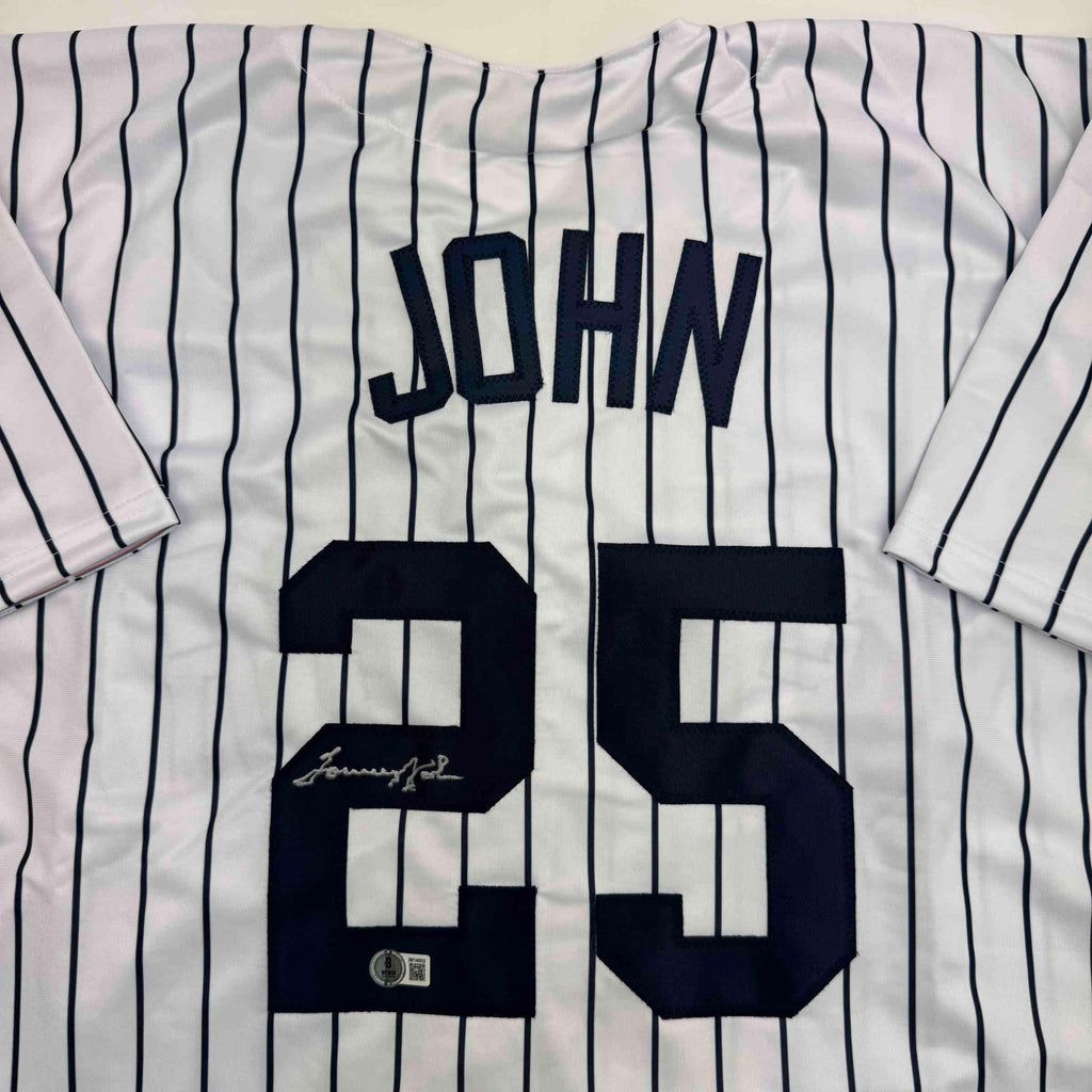 Autographed/Signed Tommy John New York Pinstripe Baseball Jersey Beckett BAS COA