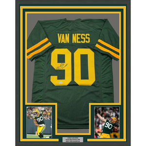 Framed Autographed/Signed Lukas Van Ness 35x39 Green Bay Color Rush Football Jersey Beckett BAS COA