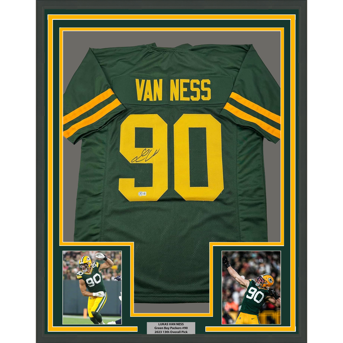 Framed Autographed/Signed Lukas Van Ness 35x39 Green Bay Color Rush Football Jersey Beckett BAS COA