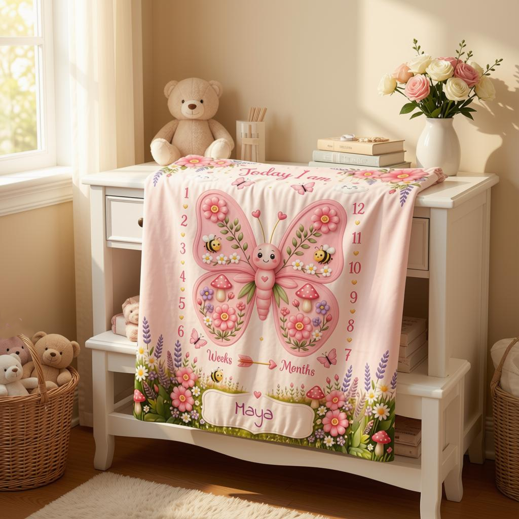 Personalized Baby Weekly & Monthly Milestone Blanket – Photoshoot Prop with Butterfly Garden Design
