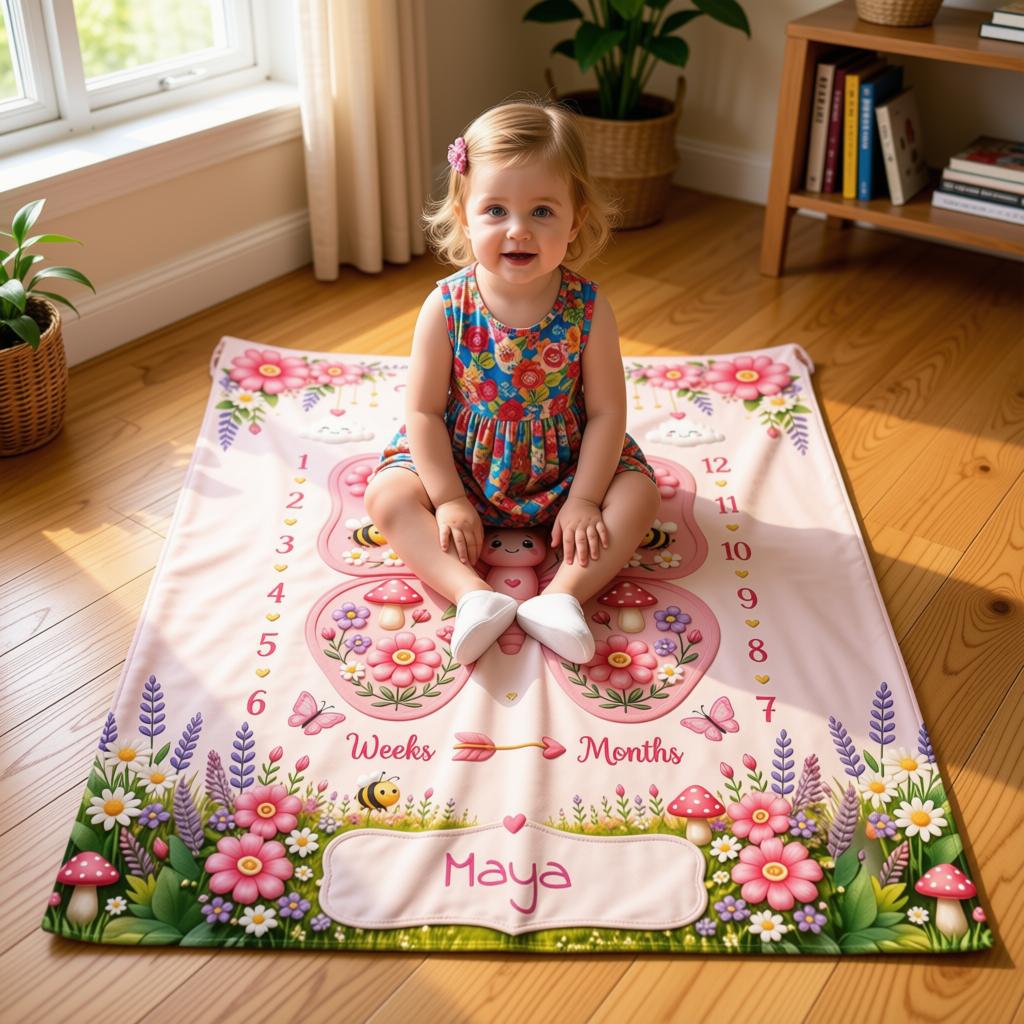 Personalized Baby Weekly & Monthly Milestone Blanket – Photoshoot Prop with Butterfly Garden Design