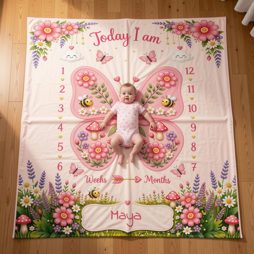Personalized Baby Weekly & Monthly Milestone Blanket – Photoshoot Prop with Butterfly Garden Design