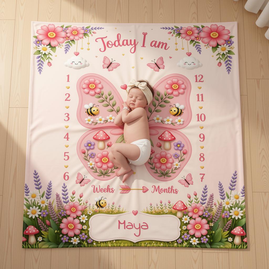 Personalized Baby Weekly & Monthly Milestone Blanket – Photoshoot Prop with Butterfly Garden Design