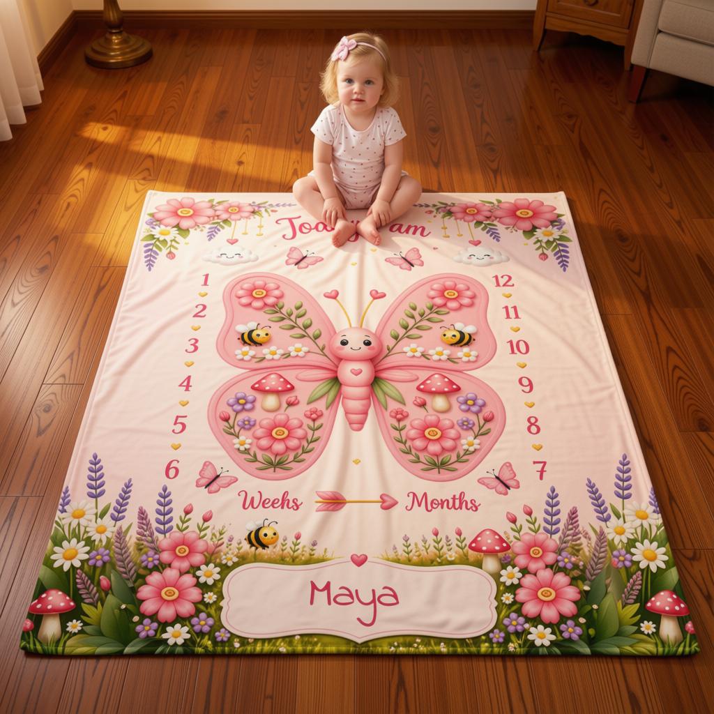 Personalized Baby Weekly & Monthly Milestone Blanket – Photoshoot Prop with Butterfly Garden Design
