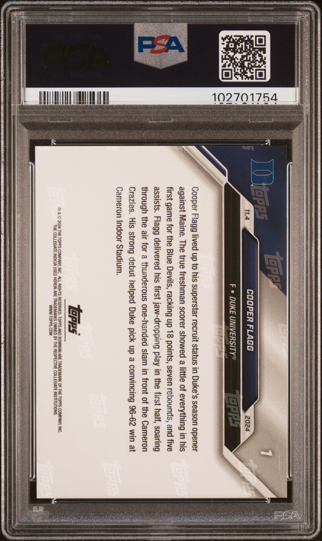 Graded 2024 Topps Bowman U Now Cooper Flagg #1 NCAA Debut Rookie RC Basketball Card PSA 8 Near Mint