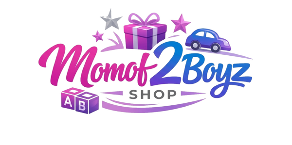 Logo for 'Momof 2 Boyz Shop' with colorful text and graphics on a white background