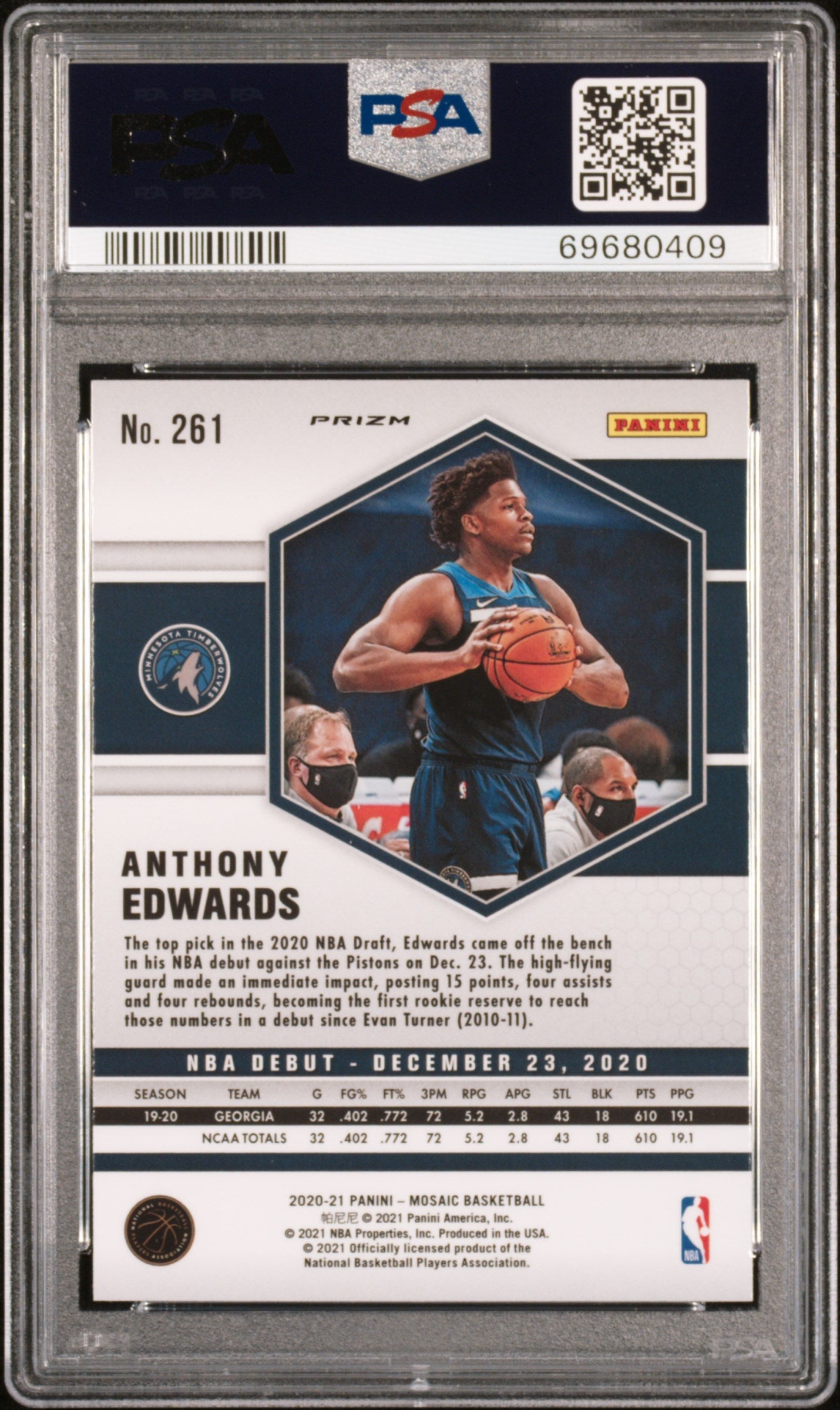 Graded 2020-21 Panini Mosaic Anthony Edwards #261 Orange Mosaic Rookie RC Basketball Card PSA 10 Gem Mint