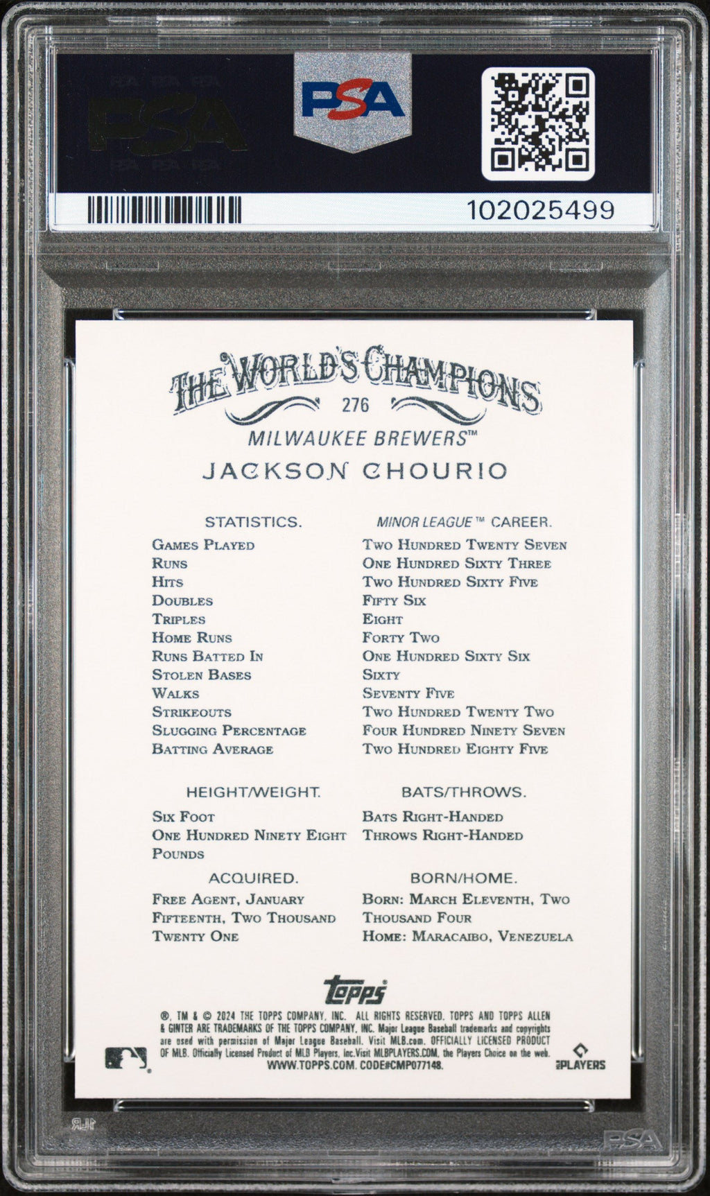 Graded 2024 Topps Allen & Ginter Jackson Chourio #276 Rookie RC Baseball Card PSA 10 Gem Mint