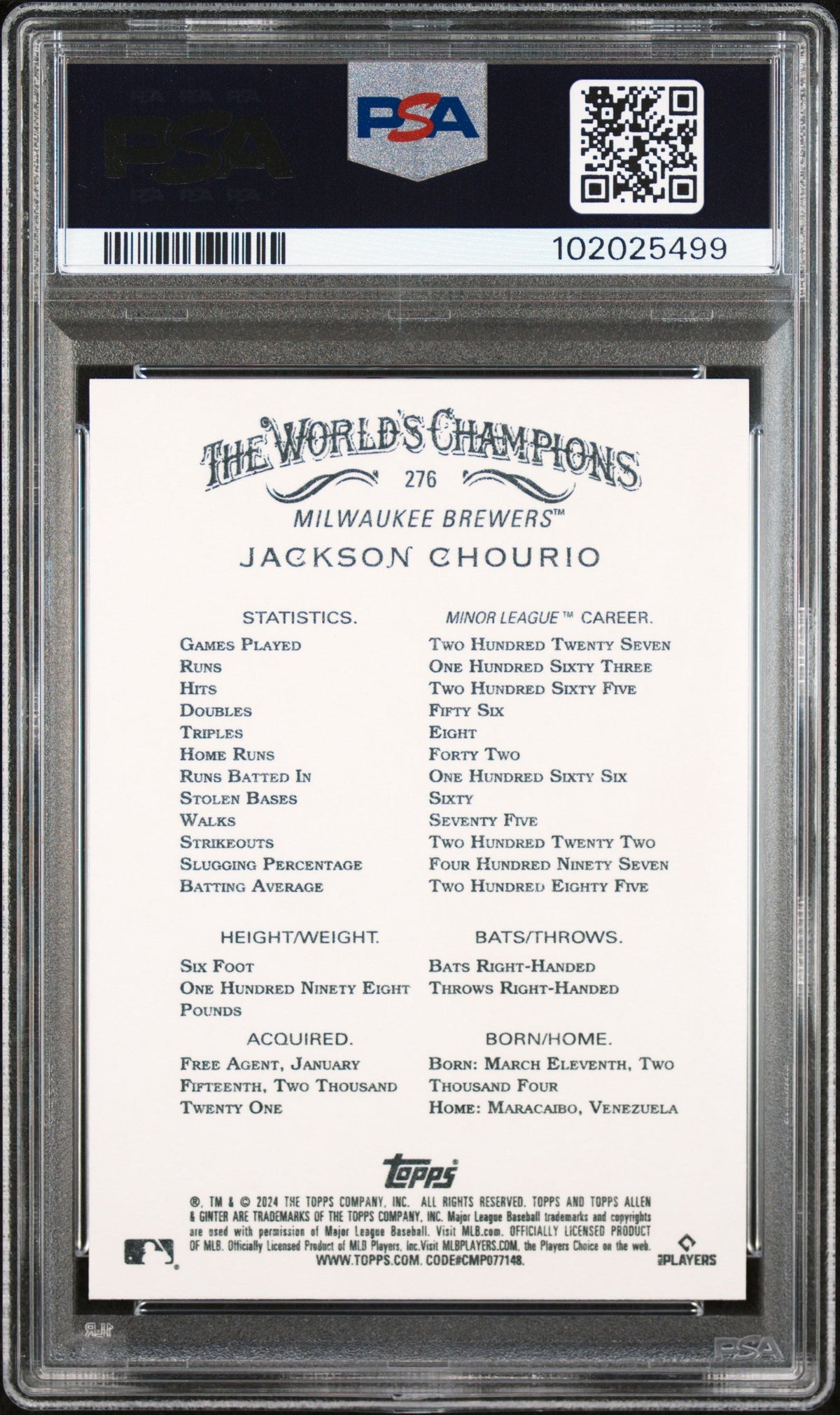 Graded 2024 Topps Allen & Ginter Jackson Chourio #276 Rookie RC Baseball Card PSA 10 Gem Mint