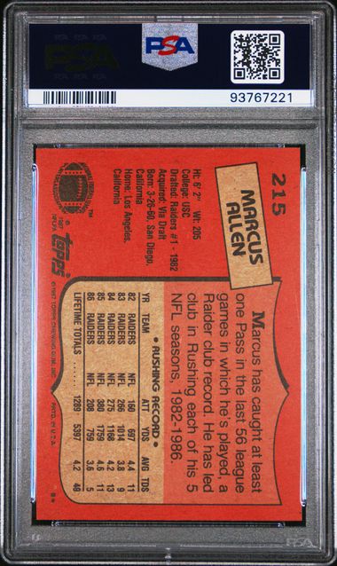 Graded 1987 Topps Marcus Allen #215 Football Card PSA 7.5 Near Mint +