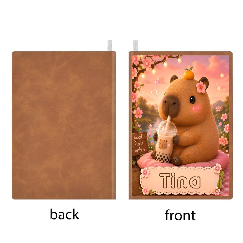 Personalized Capybara Notebook – Custom Name A5 Journal | Kawaii Boba Tea Gift for Teens