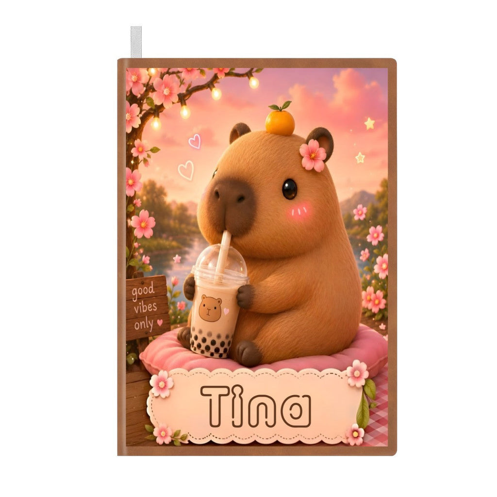 Personalized Capybara Notebook – Custom Name A5 Journal | Kawaii Boba Tea Gift for Teens