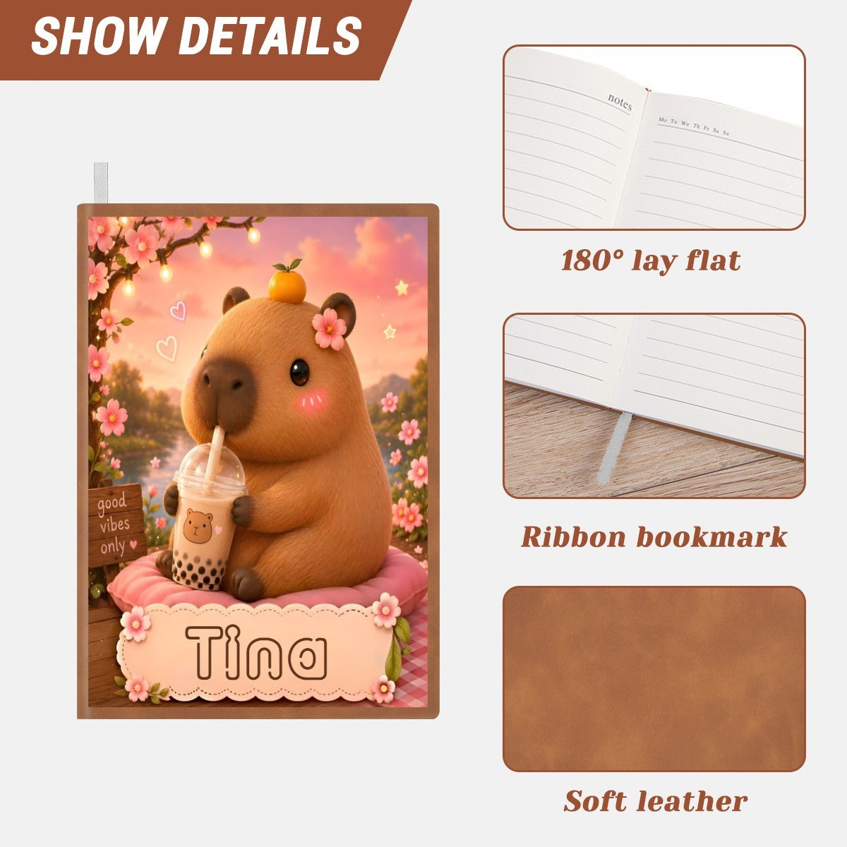 Personalized Capybara Notebook – Custom Name A5 Journal | Kawaii Boba Tea Gift for Teens