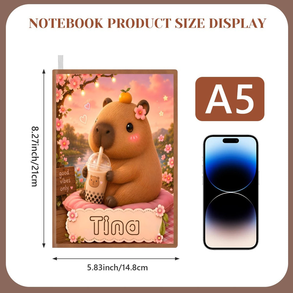Personalized Capybara Notebook – Custom Name A5 Journal | Kawaii Boba Tea Gift for Teens