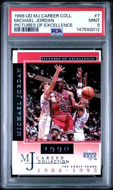 Graded 1998 UD MJ Career Collection Michael Jordan #7 Pictures of Excellence Basketball Card PSA 9 Mint