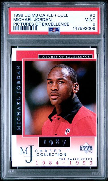 Graded 1998 UD MJ Career Collection Michael Jordan #2 Pictures of Excellence Basketball Card PSA 9 Mint