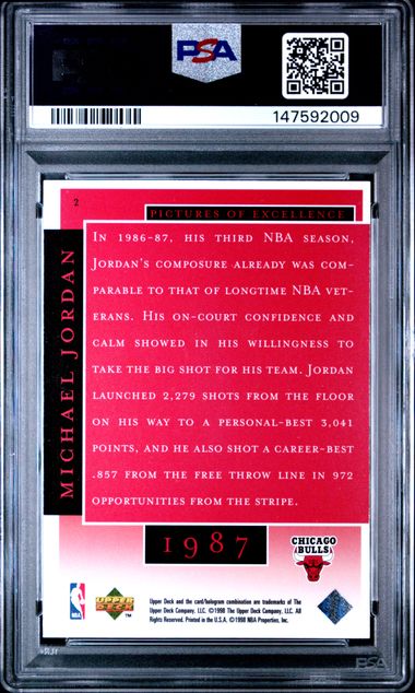 Graded 1998 UD MJ Career Collection Michael Jordan #2 Pictures of Excellence Basketball Card PSA 9 Mint