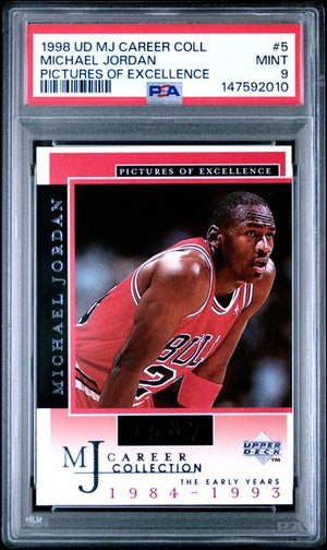 Graded 1998 UD MJ Career Collection Michael Jordan #5 Pictures of Excellence Basketball Card PSA 9 Mint